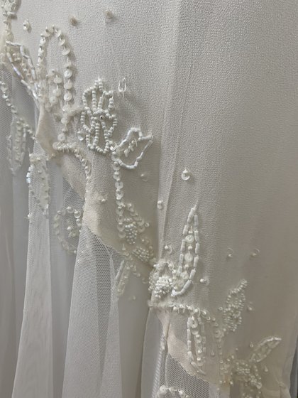 H066白色真丝斜裁鱼尾裙礼服vintage古着手工钉珠唐顿庄园轻婚纱