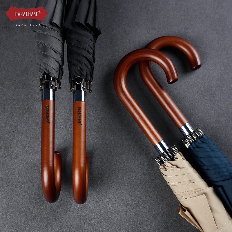 British Retro Straight Umbrella, Business Solid Wood Hook Automatic Umbrella, Sturdy Long Umbrella for Women, Wind-Resistant Long-Handled Umbrella for Men