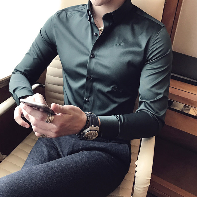 Spring and summer British embroidered shirt men's youth casual slim long short-sleeved shirt top solid color basic style plus velvet