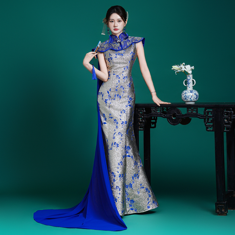 Blue and White Porcelain Catwalk Performance Cheongsam Women's Cape New Chinese Style Evening Dress Host 2026 New Long Fishtail Skirt Blue and White Porcelain Catwalk Performance Cheongsam Women's Cape New Chinese Style Evening Dress Host 2026 New Long Fishtail Skirt