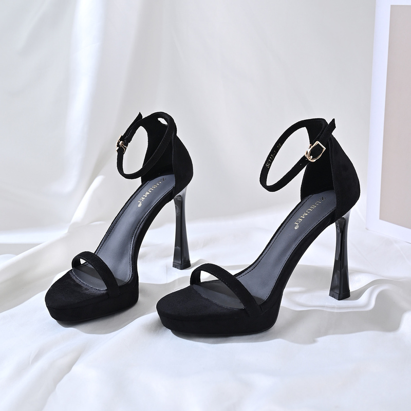 Suede Black Platform High Heels for Women, Summer 2026 New Style, Women's High-Heeled Sandals with a Single Strap, Thick Sole, Stiletto Heel