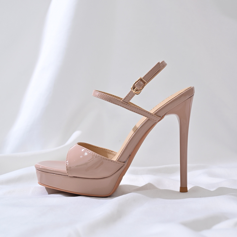 Patent Leather Nude Pink High-Heeled Sandals for Women 2026 New Square Toe Strap High Heels Summer Waterproof Platform Thick Sole
