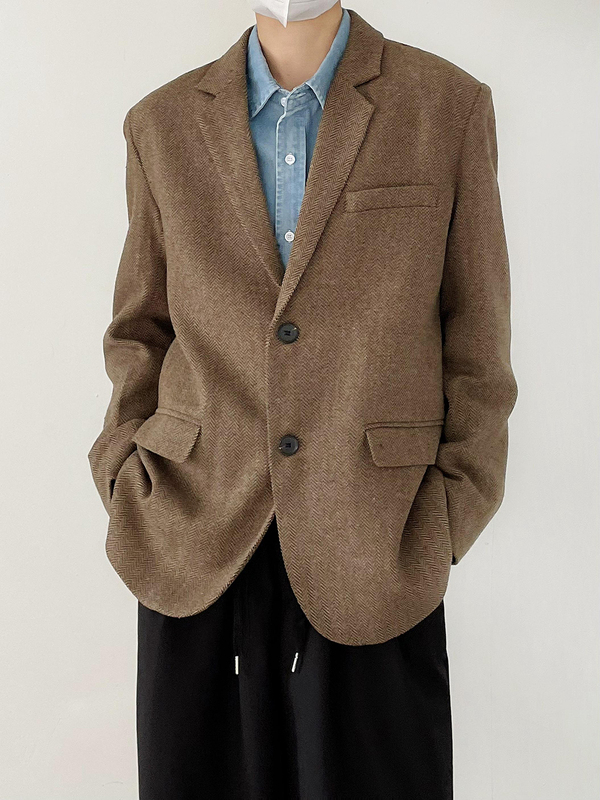 Sf/ Spring and Autumn New Korean Style Fashionable High-End Herringbone Suit Jacket Men's Melard Vintage Loose Suit Sf/ Spring and Autumn New Korean Style Fashionable High-End Herringbone Suit Jacket Men's Melard Vintage Loose Suit