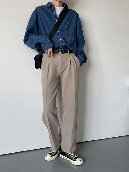 SF/春季新品韩风气质复古蓝色牛仔衬衫男士宽松版水洗工装风外套