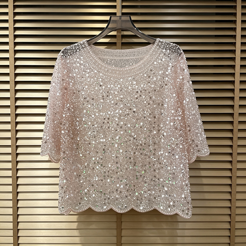 European and American Style Luxury Design Heavy Beading Sequin Round Neck Top for Women Summer Loose Slimming Age-Reducing Mesh Top