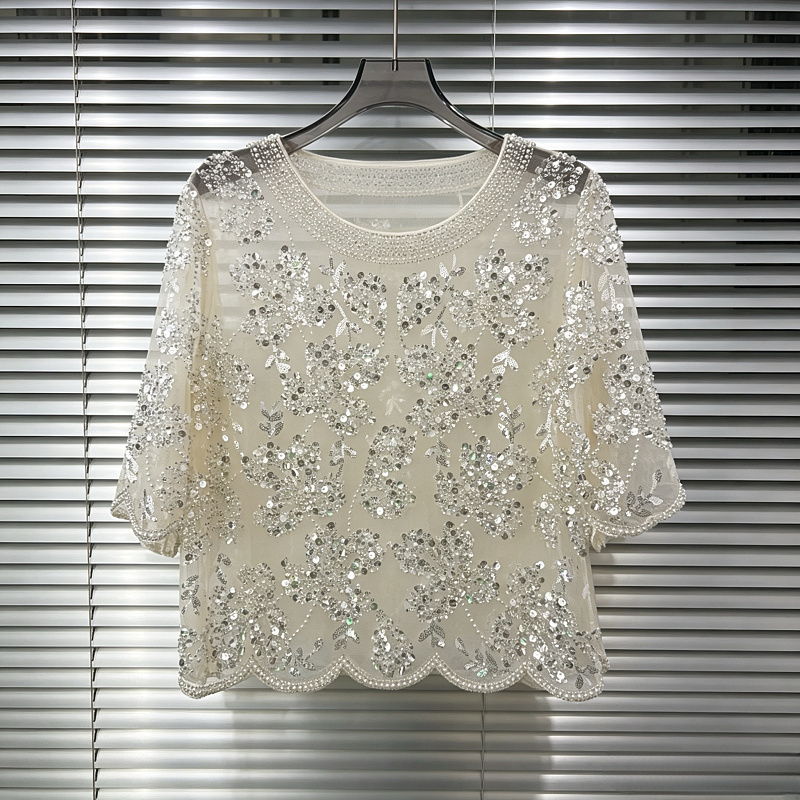 2026 French Style New Fashion High-End Heavy Beading Sequin Mesh Women's Slim Short Top Versatile and Elegant
