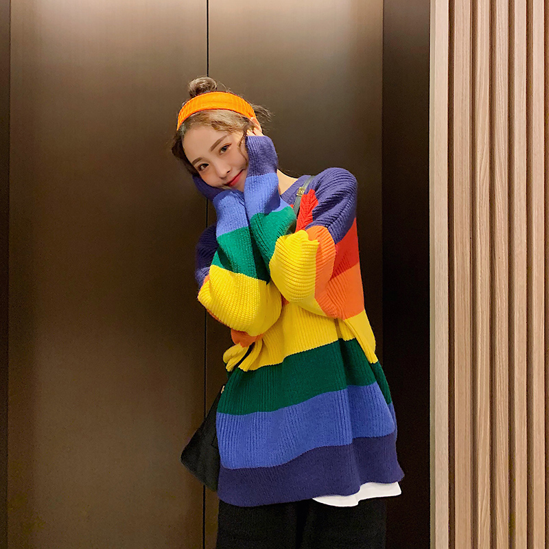 Rainbow sweater women loose outside wearing autumn and winter new pullovers with stripes lazy wind soft glutinous knit top