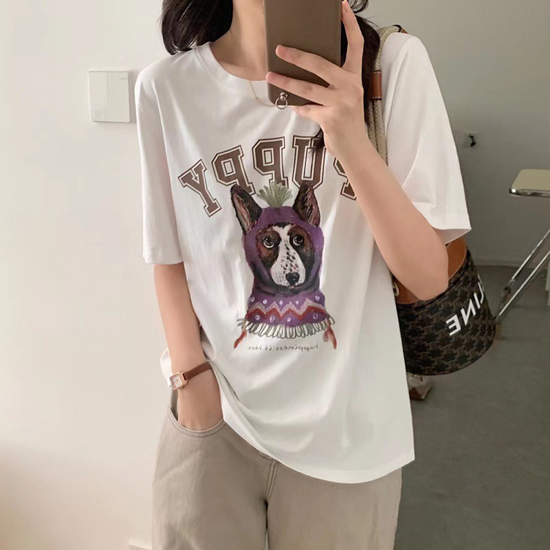 White Printed Short Sleeve T-shirt Woman 2022 New Korean version Student relaxed pure cotton 100 Lapped Foreign Pie Round