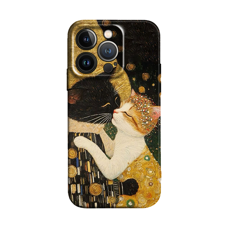 Fun Spoof of Famous Painting Klimt: Couple of Black and White Cats Kissing, Art-Themed Phone Case for iPhone 16 Promax/15Plus/14Pro/13/12, Anti-Drop Protective Cover