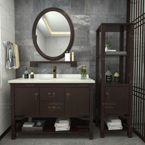 Modern new Chinese bathroom cabinet floor standing cabinet Oak Classical bathroom cabinet washing hand marble balcony oval mirror