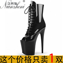 Sexy fish mouth lace-up low barrel boots 20cm super high heels Hate sky high women waterproof platform pole dance nightclub thin heel