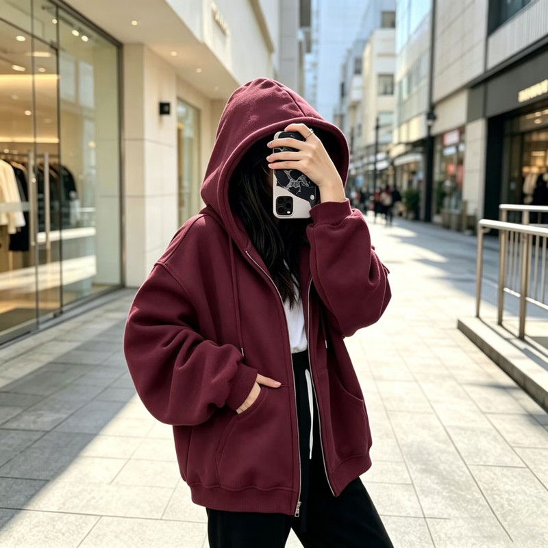 Zipper Cardigan Hooded Sweatshirt for Women, Korean Style, Long-Sleeved, Slimming, Women's Style, 2025 Spring New Hot-Selling Burgundy Jacket