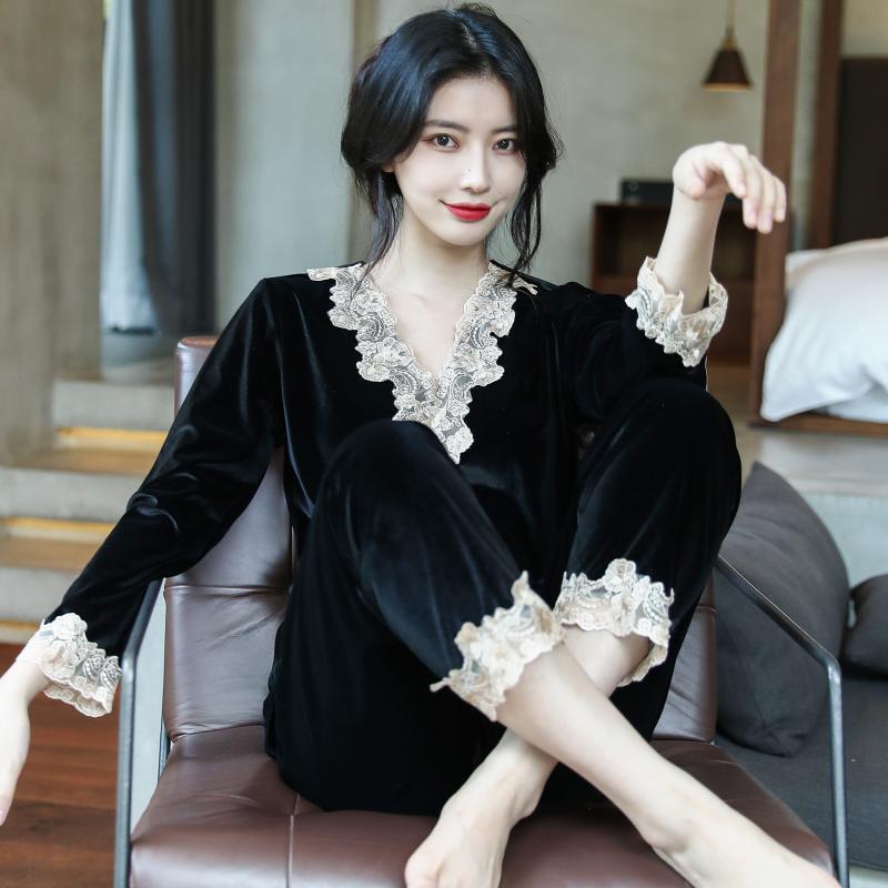 Japanese Gp Autumn and Winter Pajamas for Women, New Lace Sexy Long-Sleeved Long Pants, Winter Velvet Home Wear Two-Piece Set Japanese Gp Autumn and Winter Pajamas for Women, New Lace Sexy Long-Sleeved Long Pants, Winter Velvet Home Wear Two-Piece Set