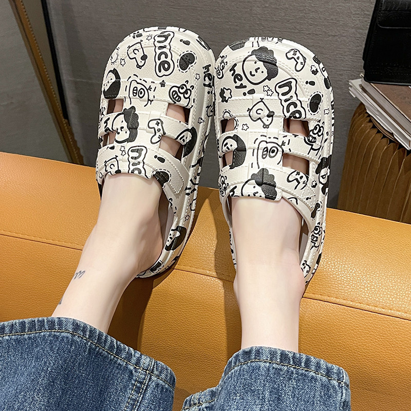 Japanese Maje Franch Clogs for Women, Summer Cute Cartoon Graffiti Thick-Soled Beach Non-Slip Closed-Toe Slippers