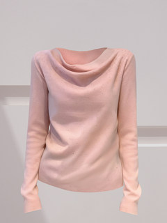 Light luxury one-shoulder top for women, beautiful swung collar pleated perm sweater, gentle temperament long-sleeved bottoming shirt