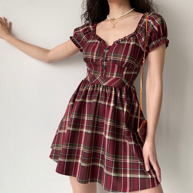 GoGirlGo homemade retro cute retro dress puff-sleeve plaid dress for women with high waist and large hem skirt A-line