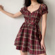 GoGirlGo homemade retro cute retro dress puff-sleeve plaid dress for women with high waist and large hem skirt A-line