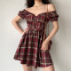 GoGirlGo homemade retro cute retro dress puff-sleeve plaid dress for women with high waist and large hem skirt A-line