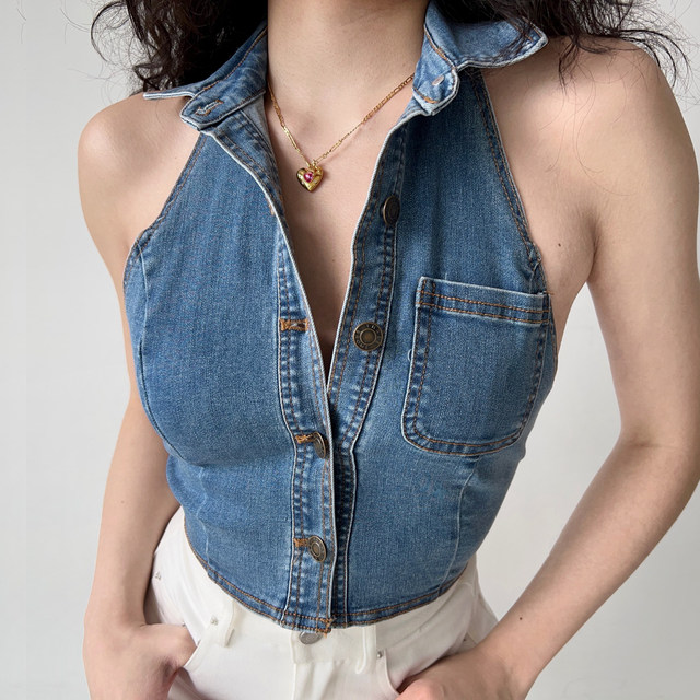 Go Girl Go European and American retro sexy halter neck denim vest women's outer wear lapel short top