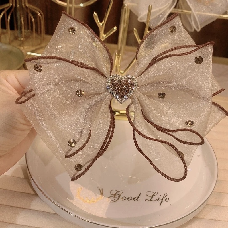New Korean-Style Mesh Bow Spring Clip Heart-Shaped Rhinestone Top Clip Simple Hair Accessory Hairpin for Women