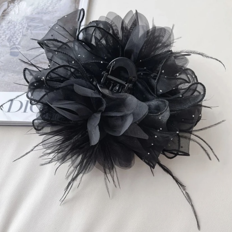 Stylish Mesh Feather Hair Clip Versatile Elegant Hair Accessory Bun Clip Popular Black Hair Flower Shark Clip