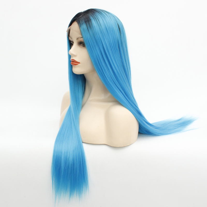 Black Gradient Blue Long Straight Hair Wig for Women, Front Lace Elastic Mesh, Natural and Realistic, Fashionable Synthetic Fiber Full Wig