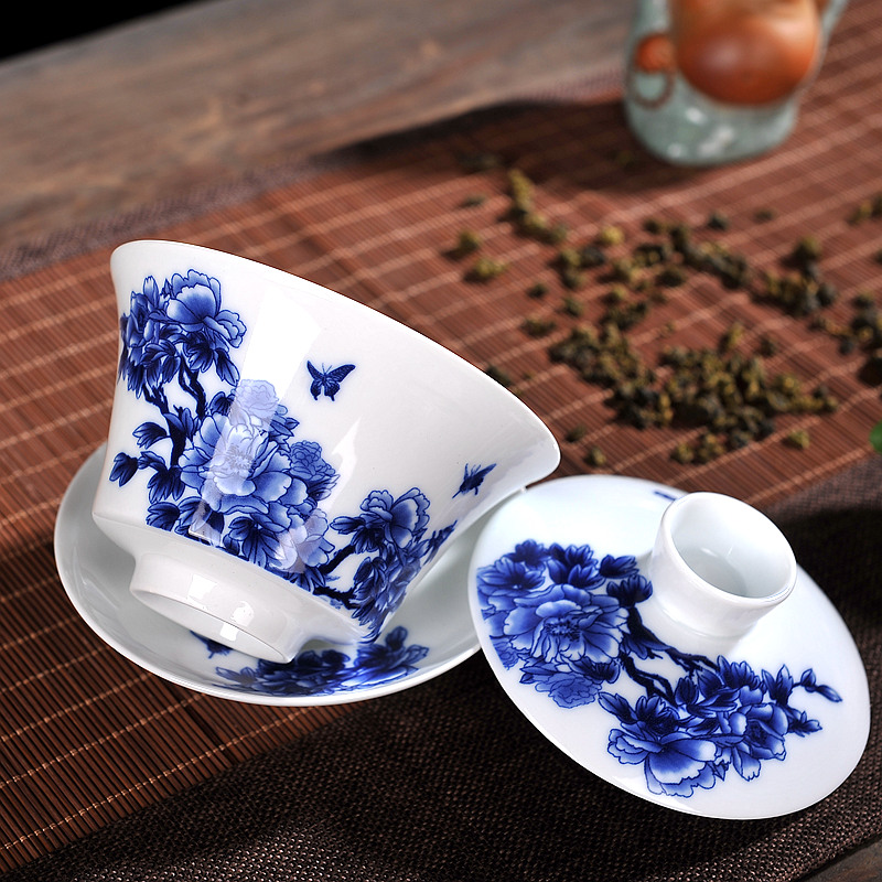 Bát lớn, tách trà, bát trà, bộ trà Jingdezhen, gốm sứ màu xanh và trắng, ba tài năng, củi 300ml, tách trà cũ bộ tách trà