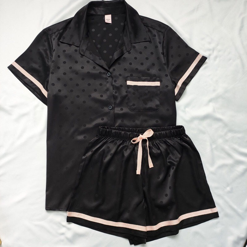 High-End Silk Black Polka Dot Short-Sleeved Ice Silk Satin Summer Simple Two-Piece Set Pajamas for Women Home Wear