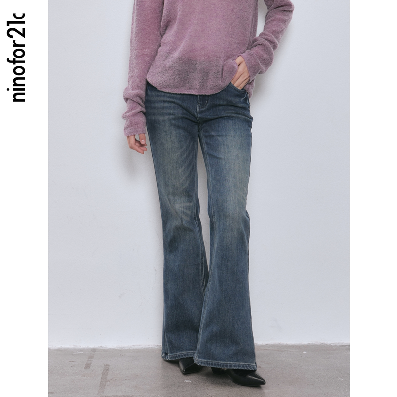.E1 & Ninofor21C 26 Winter Low-Waist Retro Washed Vintage Whiskered Fleece-Lined Slim-Fit Flared Jeans