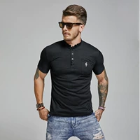 Cơ bắp anh em mùa hè Màu rắn nam thêu đứng cổ áo Phần mỏng thoáng khí Áo sơ mi POLO Slim Casual ngắn tay áo hàng đầu áo sơ mi polo