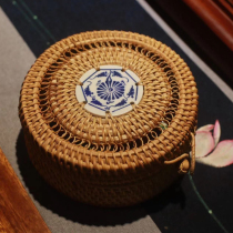 Thai Craft Autumn Rattan Weaving Retro Desktop Tuo Tea Candy Containing Jar Ceramic Hollowed-out Round Gift Box New