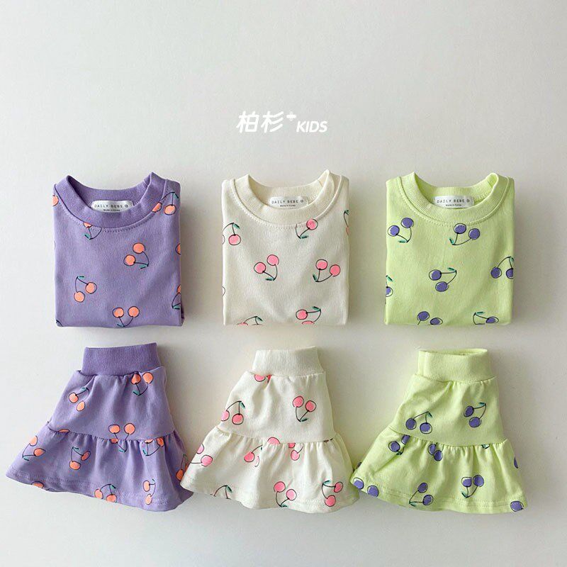Korea Kids 2022 Summer Kids Short Sleeve Top Girls Half Skirt Two-Piece Toddler Casual Top Set Cotton