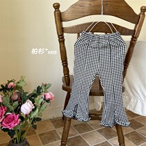Korean childrens clothing 2022 spring girls plaid pants for children baby wood ear slim long pants childrens cropped pants