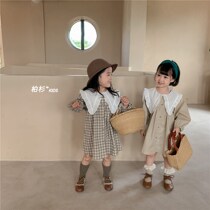 Korea childrens wear 2021 autumn childrens cotton hemp lace dress girls lapel plaid skirt baby skirt Mori series