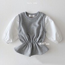 Korea childrens wear 2021 autumn girls court sleeves stitching small skirt sweatshirt girls tops baby sweatshirt skirt tide