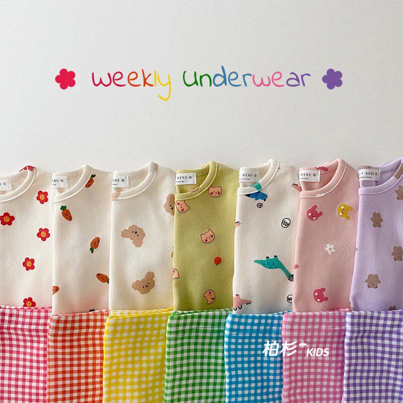 Korean children's clothing 2022 spring and autumn infant candy color homewear set baby children's cartoon basewear pajamas