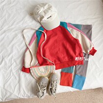 Korean childrens clothing 2022 spring and autumn childrens contrast stitching sweatshirt set girls baby cotton terry top ~ tide