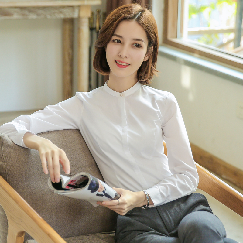 Pearl Button Stand-Up Collar Shirt for Women, Long-Sleeved, Early Autumn New Style, Business Attire, Formal Wear, Work Clothes, Interview Round-Neck White Shirt