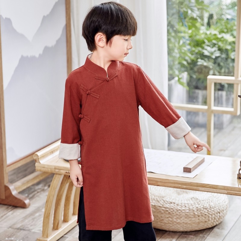 Children's Spring and Autumn Long Hanfu Boys' Cotton and Linen Robes Jackets Boys Crosstalk Clothes Martial Arts Performance Gowns Tang Suit