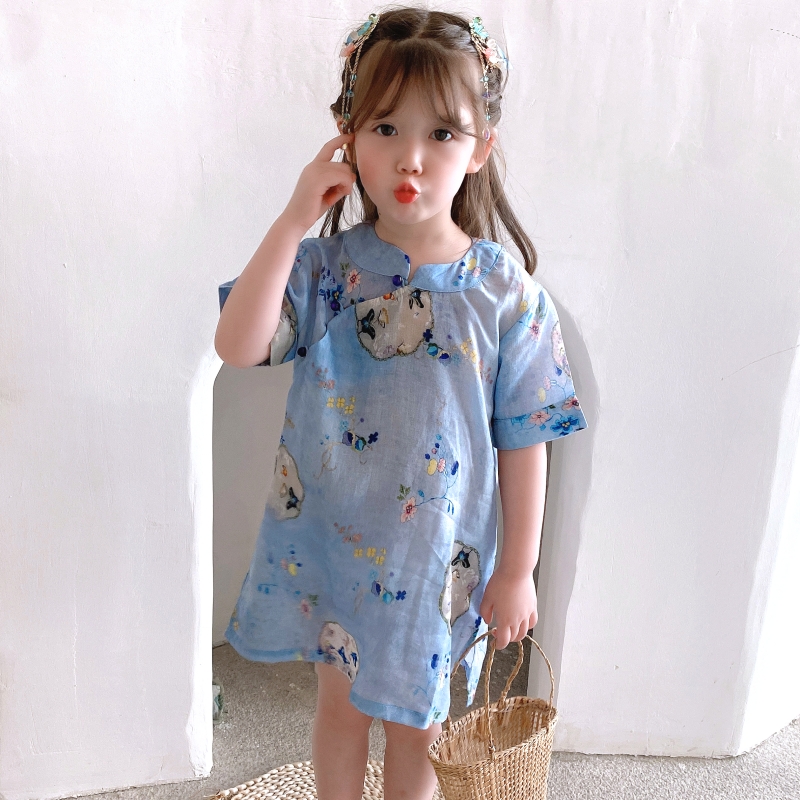 Children's 2022 summer new hemp cheongsam baby light Chinese style dress girl loose Hanfu