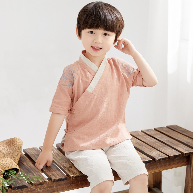 Boys Han quần áo phù hợp với mùa hè bông và phong cách quốc gia mare Tang trẻ em quần áo của hiệu suất quần áo bộ hai mảnh ngắn tay quần áo cổ.