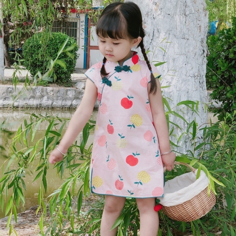 Narro Girl China Wind Dress Summer Baby Medium Long Version Qipao Children Hanfu Cute Country Princess Dress