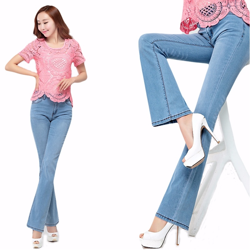 Thời trang hoang dã mùa thu Quần jean mỏng mỏng hông nữ quần micro-horn eo cao thun XL thời trang nữ