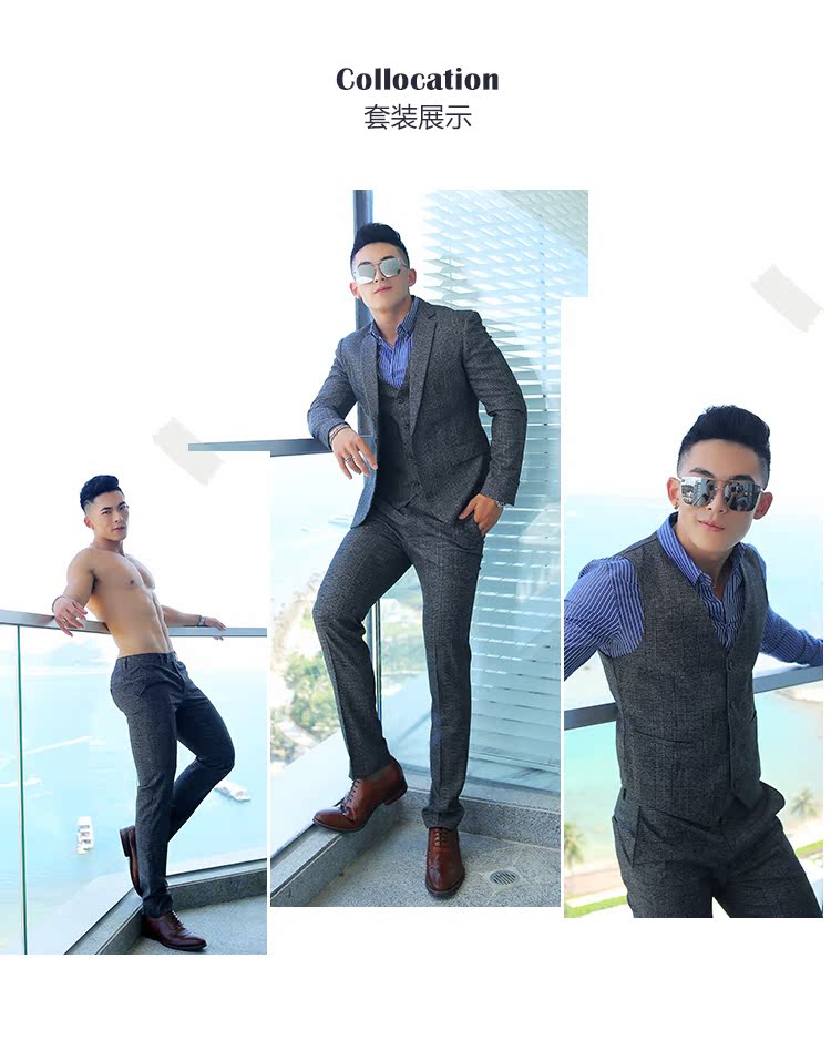 Ông Hui kẻ sọc phù hợp với bộ đồ nam ba mảnh đơn hàng đôi khóa Slim kinh doanh phù hợp với váy cưới chú rể áo vest nam hàn quốc