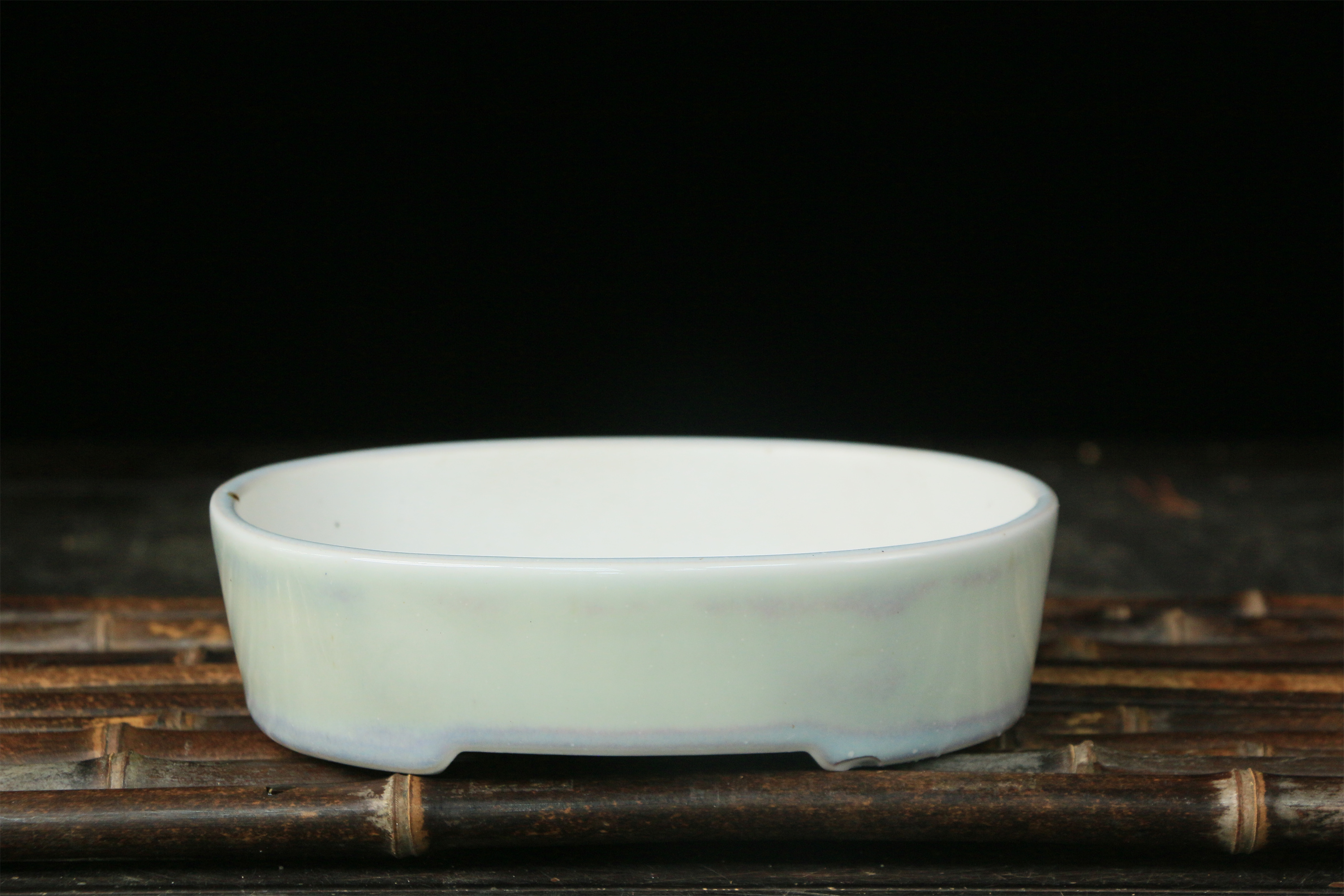 BP609 【丸藤/春風苑他在銘】瑠璃釉四方盆栽鉢・藍釉花