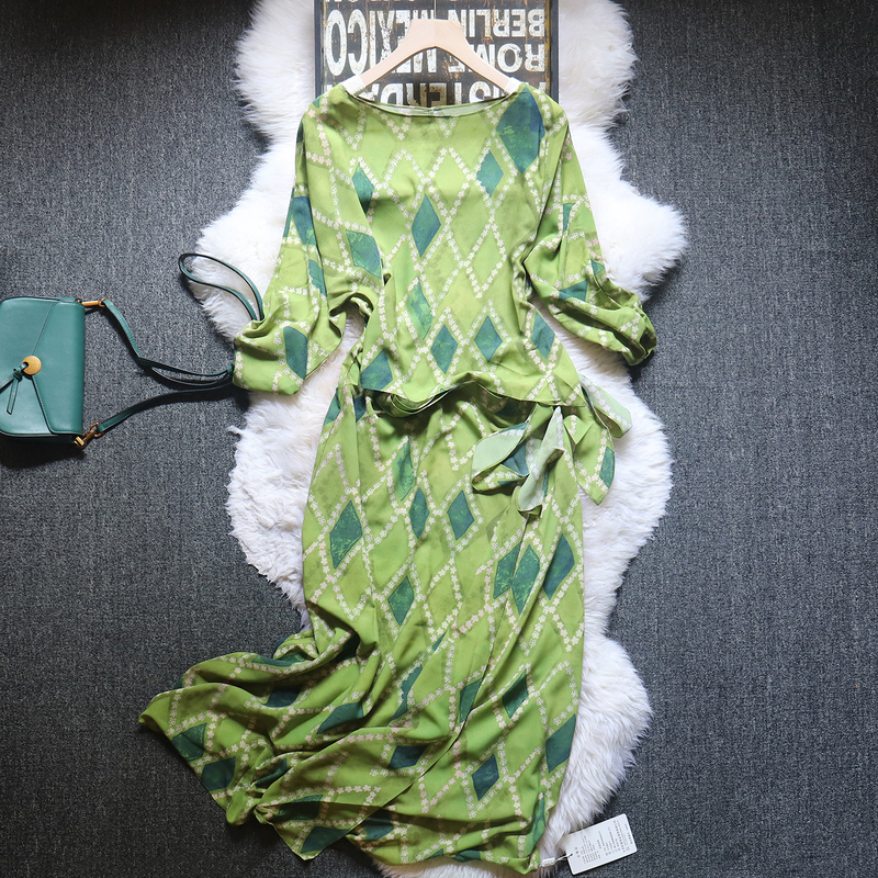 European Station 2025 Summer New Style Diamond Print Waist-Cinching Slimming Dress Fake Two-Piece One-Piece Green Long Dress European Station 2025 Summer New Style Diamond Print Waist-Cinching Slimming Dress Fake Two-Piece One-Piece Green Long Dress