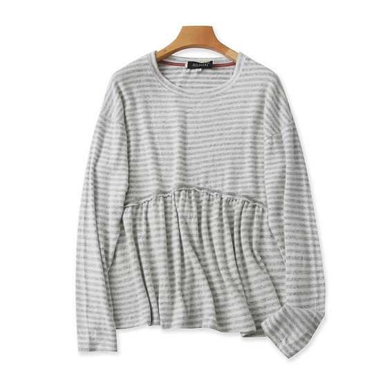 圆领横条纹针织衫 春秋新款拼接打底T恤衫女套头显瘦宽松上衣2351