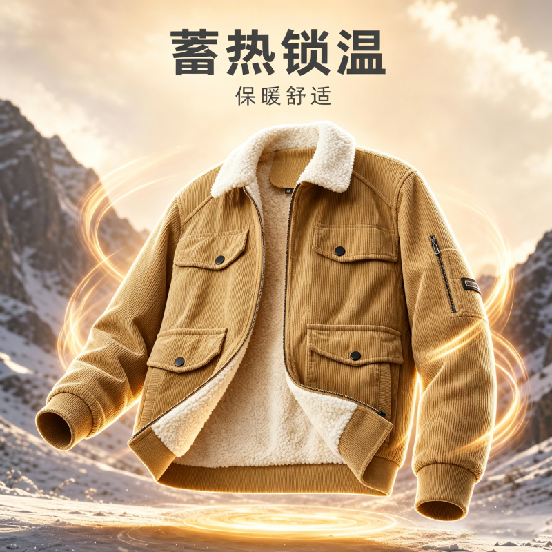Lamb Wool Jacket Men's Cotton Coat Winter Warm Fleece-Lined Thickened Cotton Jacket Corduroy Cold-Proof Windproof Cotton Clothing