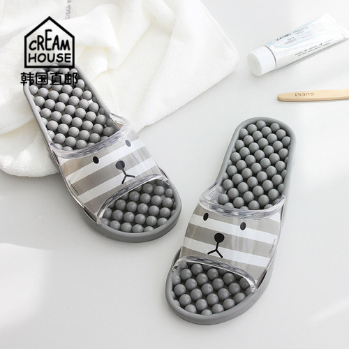 (CreamHouse) Korean striped Little Bear Summer Lesbian Couple Bathroom Non-slip Massage Slippers