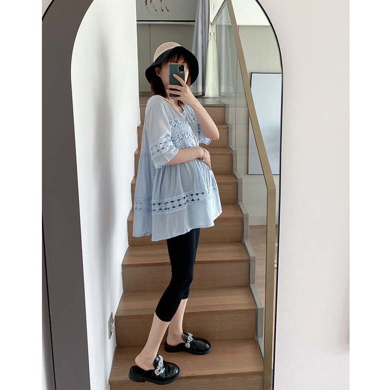 MJ pregnant woman summer top 2021 new fashion small fresh lace loose short-sleeved belly does not show the mind top